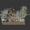 Rustic Log Cabin With Sloped Roof Chimney And Porch Surrounded By Pine Trees And Greenery