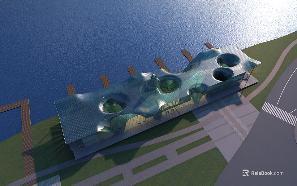 Scenic Waterfront View With Modern Architecture Green Roof Circular Openings Blue Water And Grassland Pathways 3d model 