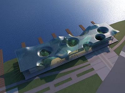 Scenic Waterfront View With Modern Architecture Green Roof Circular Openings Blue Water And Grassland Pathways 3d model