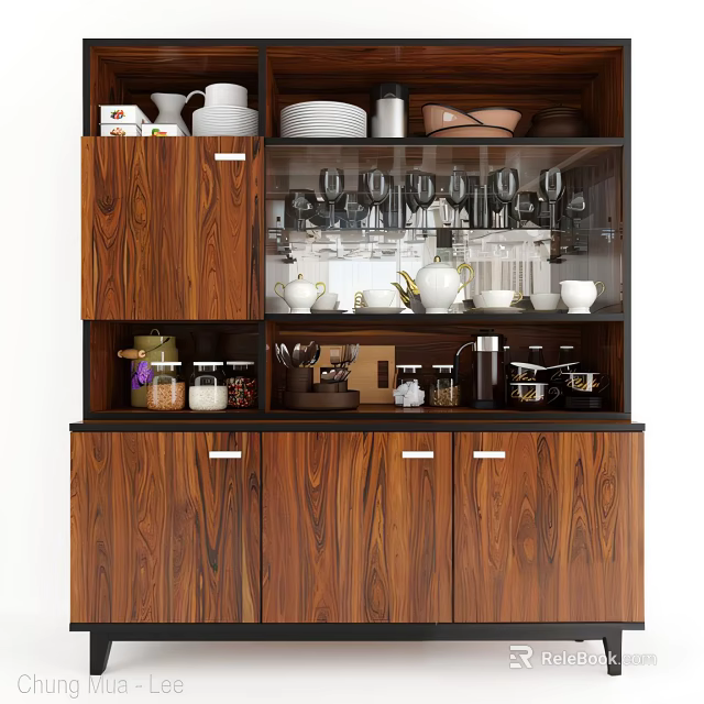 Wooden Sideboard With Glass Doors For Storing Tableware Cups And Plates 3d model 