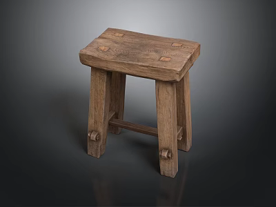 Rustic Wooden Stool With Square Seat Four Legs And Natural Wood Texture 3d model