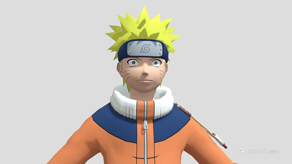 Anime Character With Yellow Spiky Hair Forehead Protector Orange Jacket Blue Details White Fur Collar And Scroll On Shoulder 3d model 