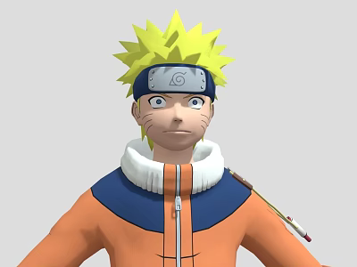 Anime Character With Yellow Spiky Hair Forehead Protector Orange Jacket Blue Details White Fur Collar And Scroll On Shoulder 3d model