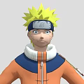 Anime Character With Yellow Spiky Hair Forehead Protector Orange Jacket Blue Details White Fur Collar And Scroll On Shoulder