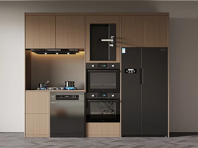 Modern Kitchen Interior Design With Wooden Cabinets Black Oven And Refrigerator 3d model