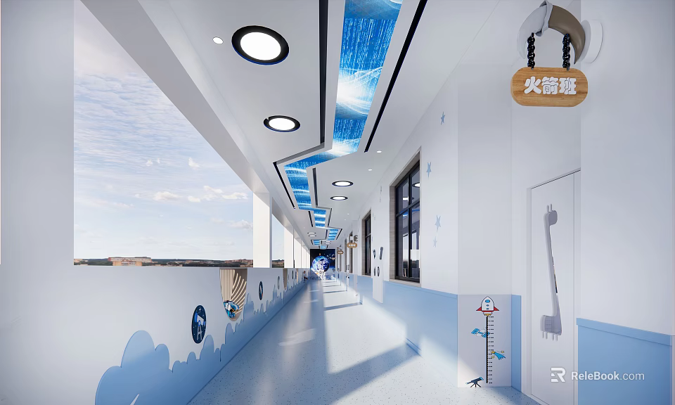 Bright Elevator Corridor With White Blue Walls Cloud Patterns Circular Lights And Blue Ceiling 3d model