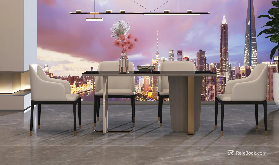 Elegant Dining Table Set With White Chairs Cityscape Mural And Pendant Lights 3d model 