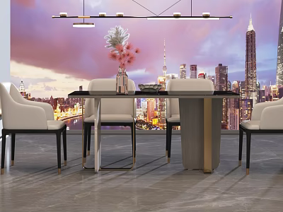 Elegant Dining Table Set With White Chairs Cityscape Mural And Pendant Lights 3d model