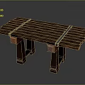 Rustic Wooden Table with Planked Top Secured by Metal Straps and Sturdy Legs