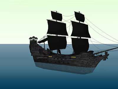Wooden Sailing Ship With Multiple Black Sails On Blue Sea 3d model