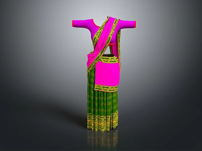 Vibrant Traditional Ethnic Outfit With Pink Blouse Green Skirt And Golden Trim Details 3d model