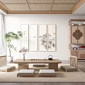 Serene Japanese-style Tea Room With Wooden Table Tatami Seats And Wall Scroll Paintings