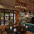 Cozy Espresso Café Interior With Teal Counter Wooden Decor And Pendant Lights