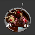Delicious Ice Cream Sundae in Glass Bowl with Blue Base Chocolate Sauce and Cherries