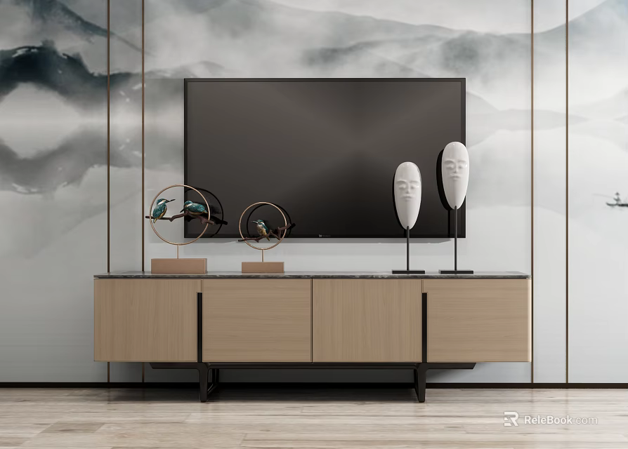 Modern Wooden TV Stand With Television And Decorative Ornaments On Chinese Landscape Wall 3d model 