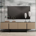 Modern Wooden TV Stand With Television And Decorative Ornaments On Chinese Landscape Wall