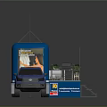 Modern Blue Pickup Truck With Mobile Kiosk Red Awning And Seating Setup
