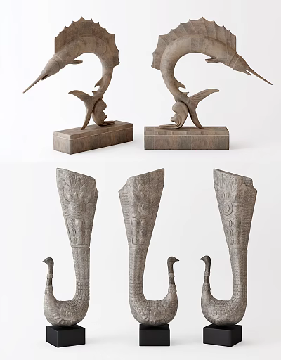 Elegant Wooden Decorative Ornament Set With Carved Patterns And Sculptural Base Designs 3d model