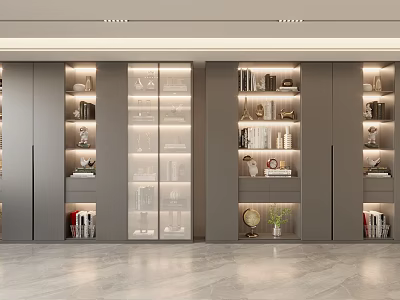 Modern Bookcase Interior Design With Glass Doors Multiple Shelves LED Lighting And Decorative Items 3d model