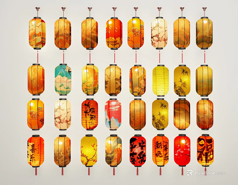 Traditional Chinese Colorful Lanterns With Various Patterns Hanging In Decorative 3d model