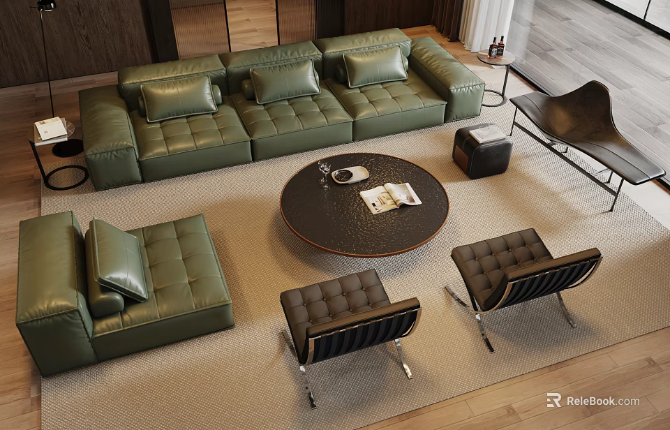 Modern Green Leather Sofa And Round Coffee Table Set With Cushions And Chairs 3d model 
