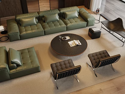 Modern Green Leather Sofa And Round Coffee Table Set With Cushions And Chairs 3d model