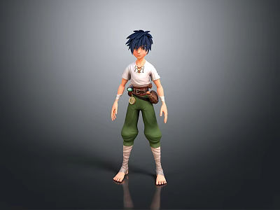 Blue Haired Barefoot Game Movie Character With White T Shirt Green Pants Brown Waist Bag 3d model