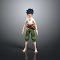 Blue Haired Barefoot Game Movie Character With White T Shirt Green Pants Brown Waist Bag