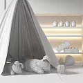 White Kids Tent With Knitted Sheep Yarn Balls By Lit Wooden Shelf And Lego Blocks