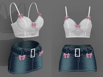 White Lace Brassiere With Pink Bows And Dark Blue Denim Shorts With White Belt Buckle 3d model