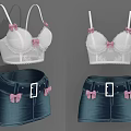White Lace Brassiere With Pink Bows And Dark Blue Denim Shorts With White Belt Buckle