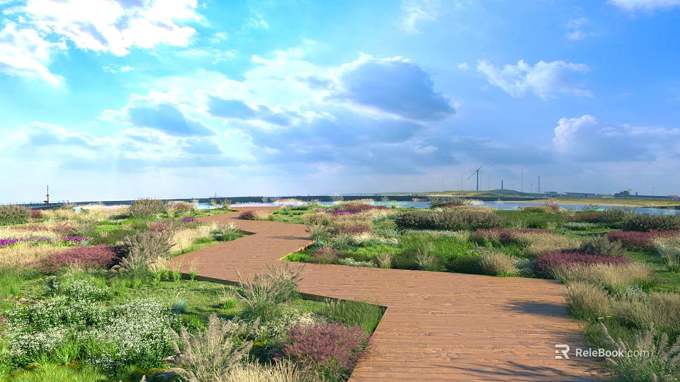 Lush Flower Meadow With Winding Pathway And Mixed Native Plants Under Clear Sky 3d model 