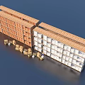 Large Brown And White Container Buildings With Stacked Cardboard Boxes 3d model