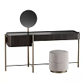 Dark Wooden Dressing Table with Metal Frame and Round Mirror with Beige Stool
