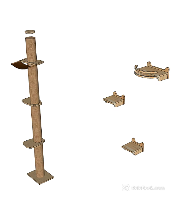 Wooden Cat Scratching Post With Multi Level Platforms For Pets 3d model