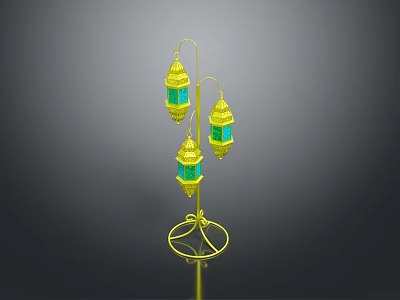 Gold Decorative Floor Lamp With Three Green Glass Lanterns 3d model