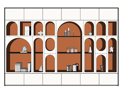 Modern Bookcase with Arched and Circular Compartments Holding Books Vases and Sculptures 3d model