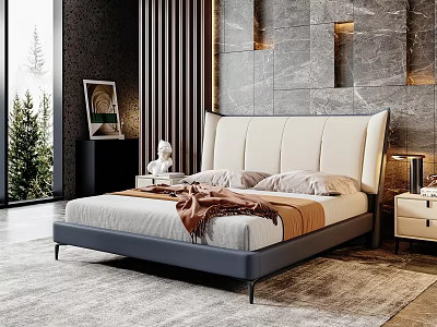 Modern Double Bed With Leather Headboard Gray Frame Stone Wall Nightstand And Green Plant 3d model