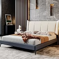 Modern Double Bed With Leather Headboard Gray Frame Stone Wall Nightstand And Green Plant