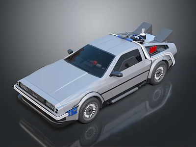 Silver Retro Futuristic Car With Roof Mounted Device Blue Stripes And Red Components 3d model