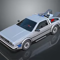 Silver Retro Futuristic Car With Roof Mounted Device Blue Stripes And Red Components