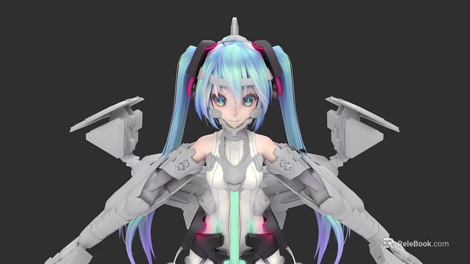 Game Movie Character With Aqua Blue Twin Ponytails Headphones And Mechanical Armor 3d model 