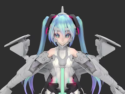 Game Movie Character With Aqua Blue Twin Ponytails Headphones And Mechanical Armor 3d model