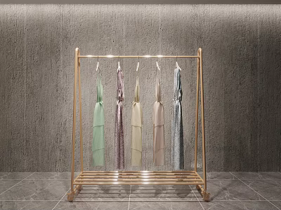 Golden Clothing Rack With Colorful Hanging Garments Against Gray Wall And Floor 3d model