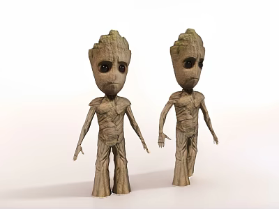 Decorative Ornament Set With Two Groot Figurines Wooden Texture And Cute Design For Home Decoration 3d model