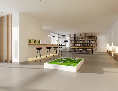 Book Art Modern Interior Design with Library Shelves Books Counter Bar Stools and Green Area 3d model