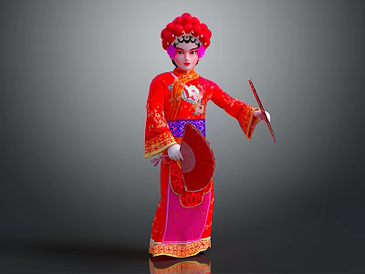 Traditional Chinese Opera Performer In Red Embroidered Costume With Fan And Stick 3d model