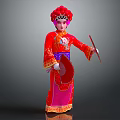 Traditional Chinese Opera Performer In Red Embroidered Costume With Fan And Stick