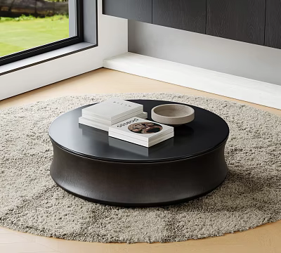 Modern Black Round Coffee Table Interior With Stacked Books And Bowl On Soft Rug 3d model