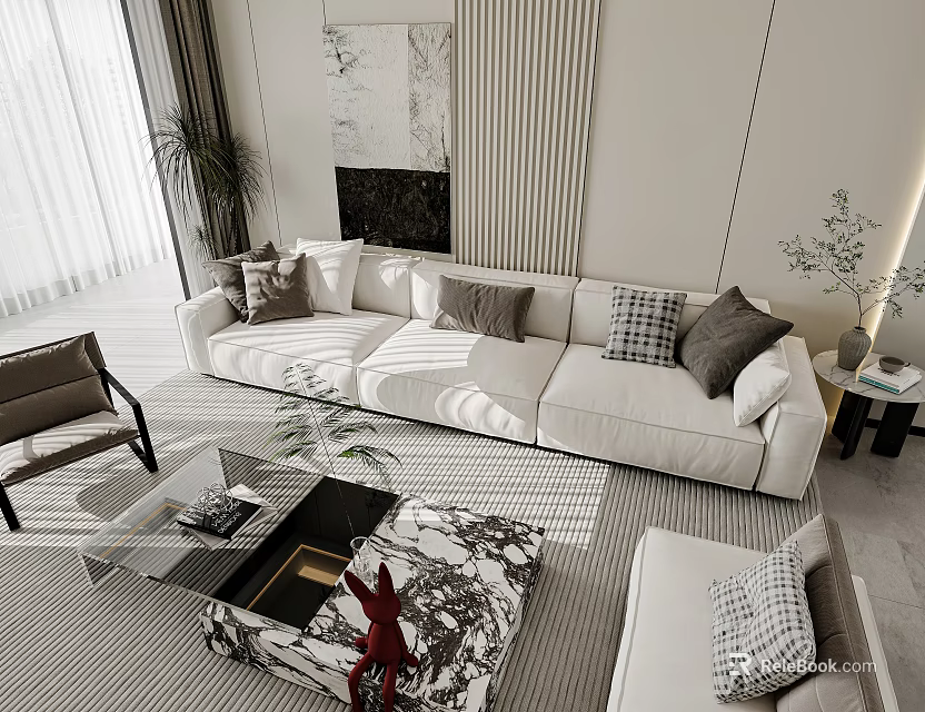 Modern Living and Dining Room Interior With White Sofa Coffee Table And Decorative Plants 3d model 
